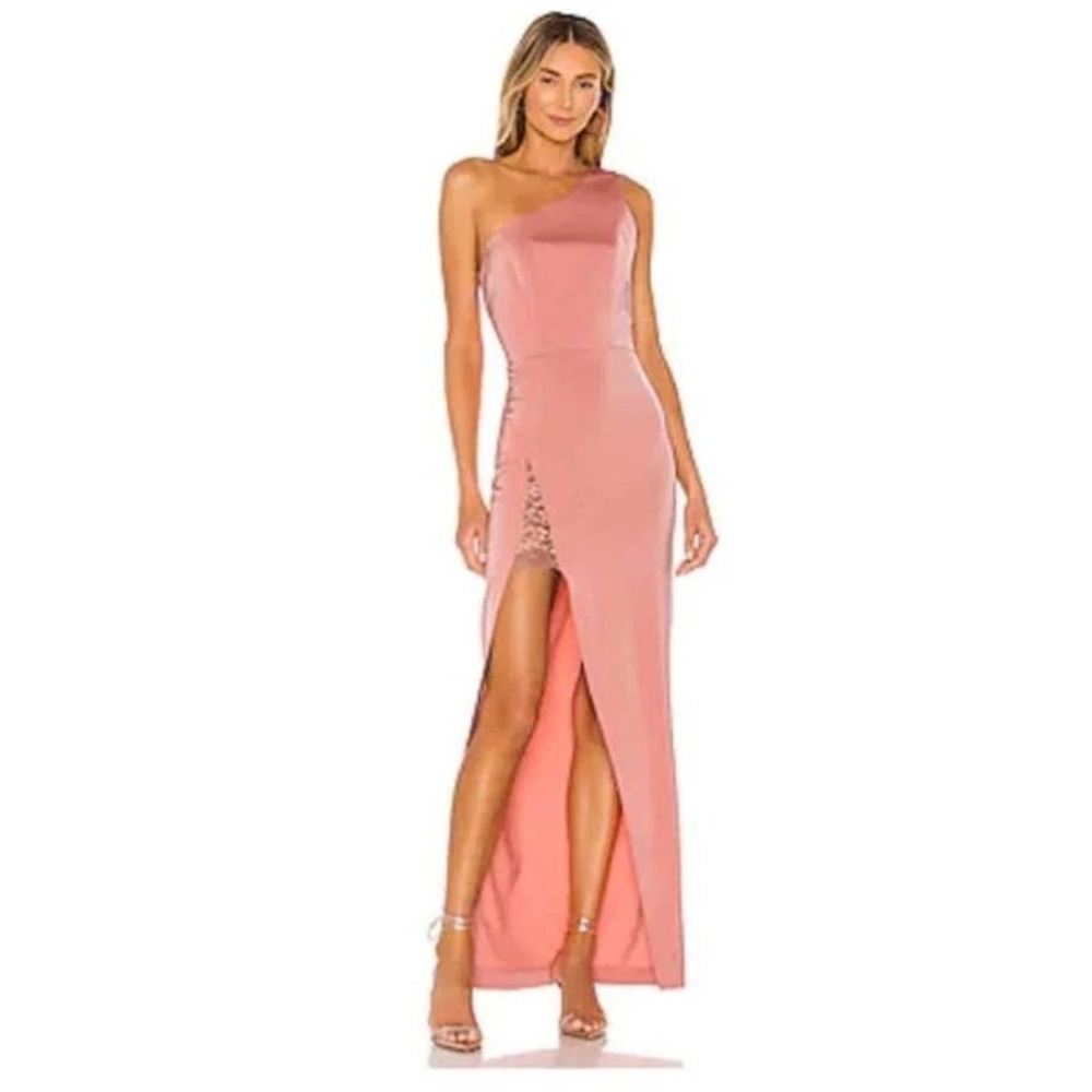 NBD Azul Gown‎ One Shoulder Maxi Dress NWT Womens Small Coral Lace Slit cocktail